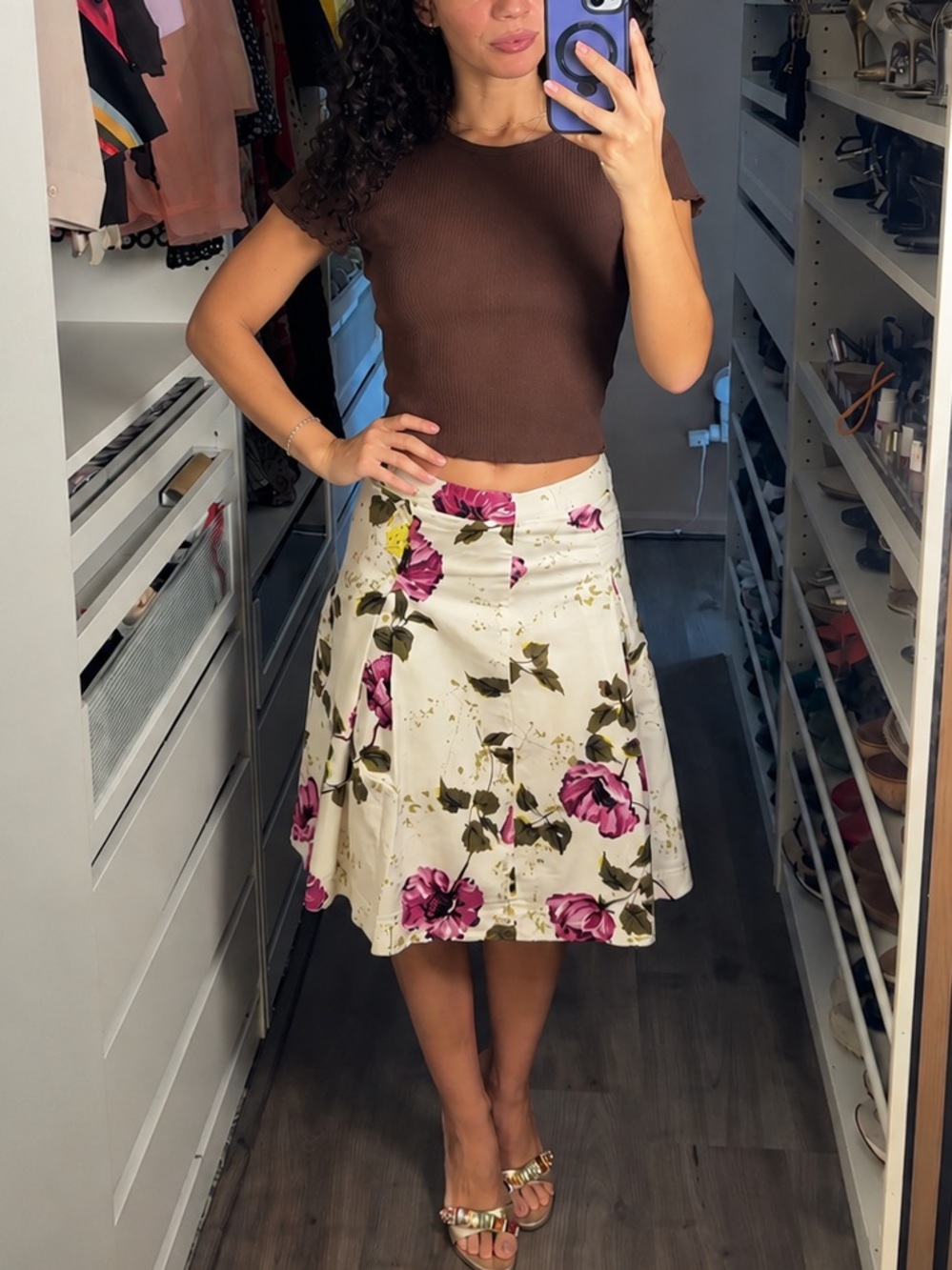 Banana republic cotton Floral A-Line Cream Skirt with Pink Rose Print